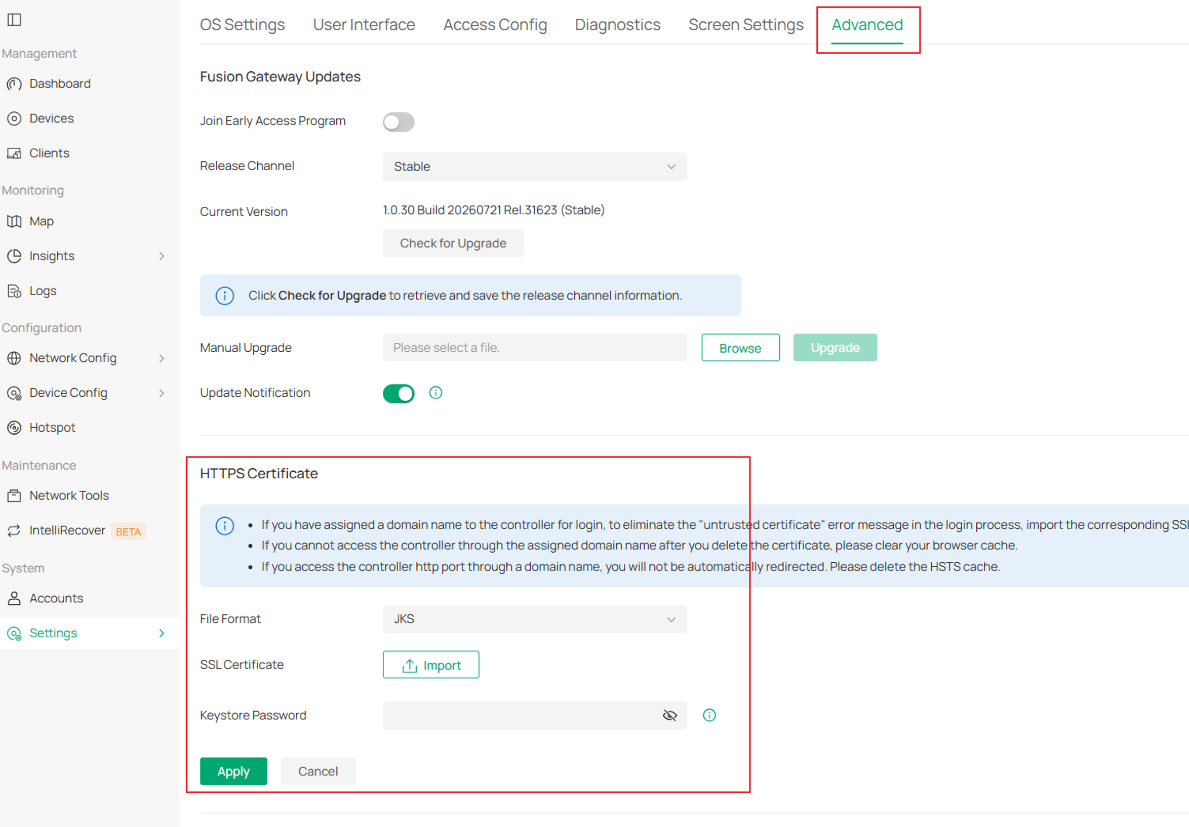 Omada Fusion Gateway Advanced settings page for SSL certificate configuration.