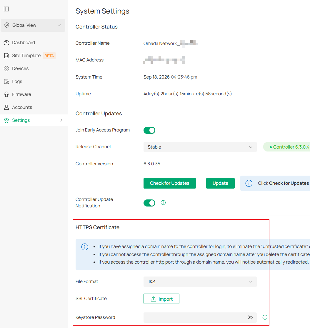 Omada Software Controller System Settings page showing certificate configuration options.