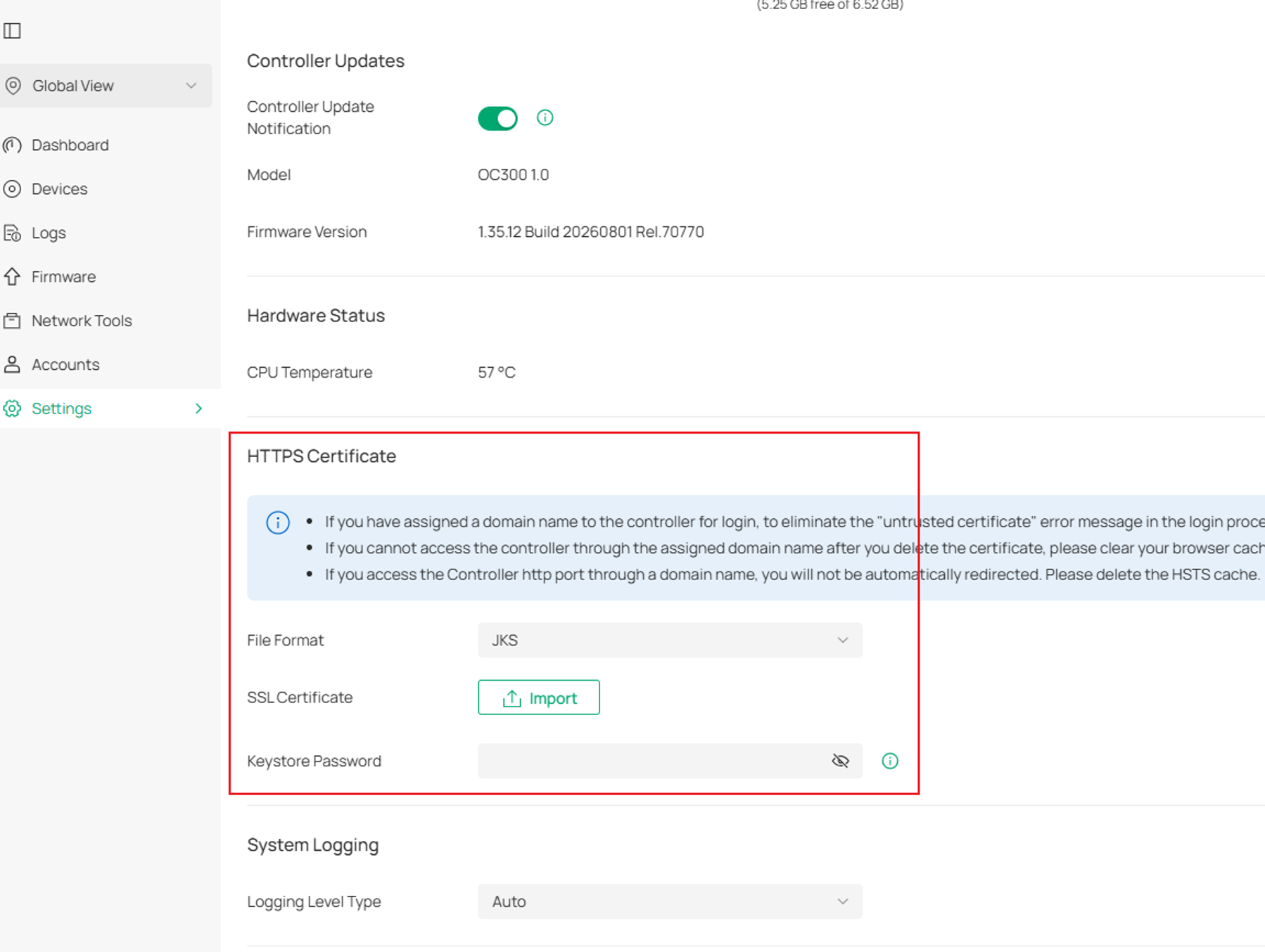 Omada Hardware Controller System Settings page showing certificate configuration options.