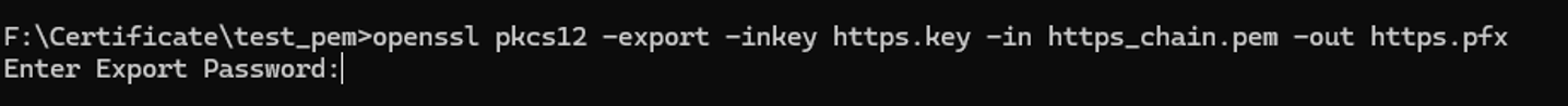 OpenSSL command output converting PEM certificate files to a PFX file.