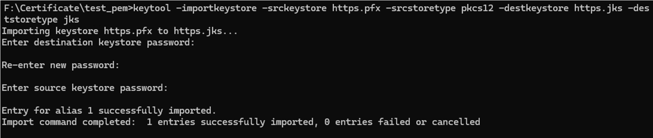 Keytool command prompt converting a PFX certificate to JKS format.