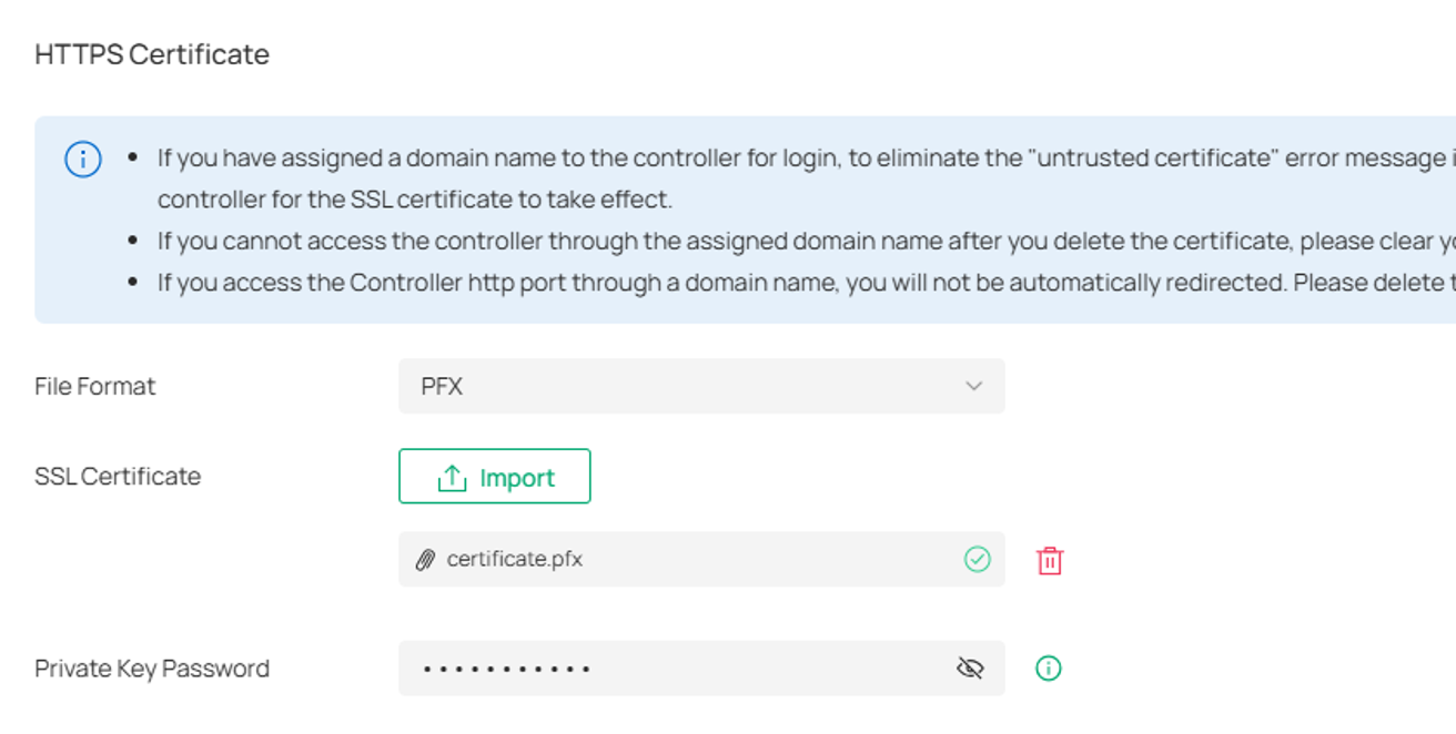 PFX certificate upload option selected in Omada Controller.