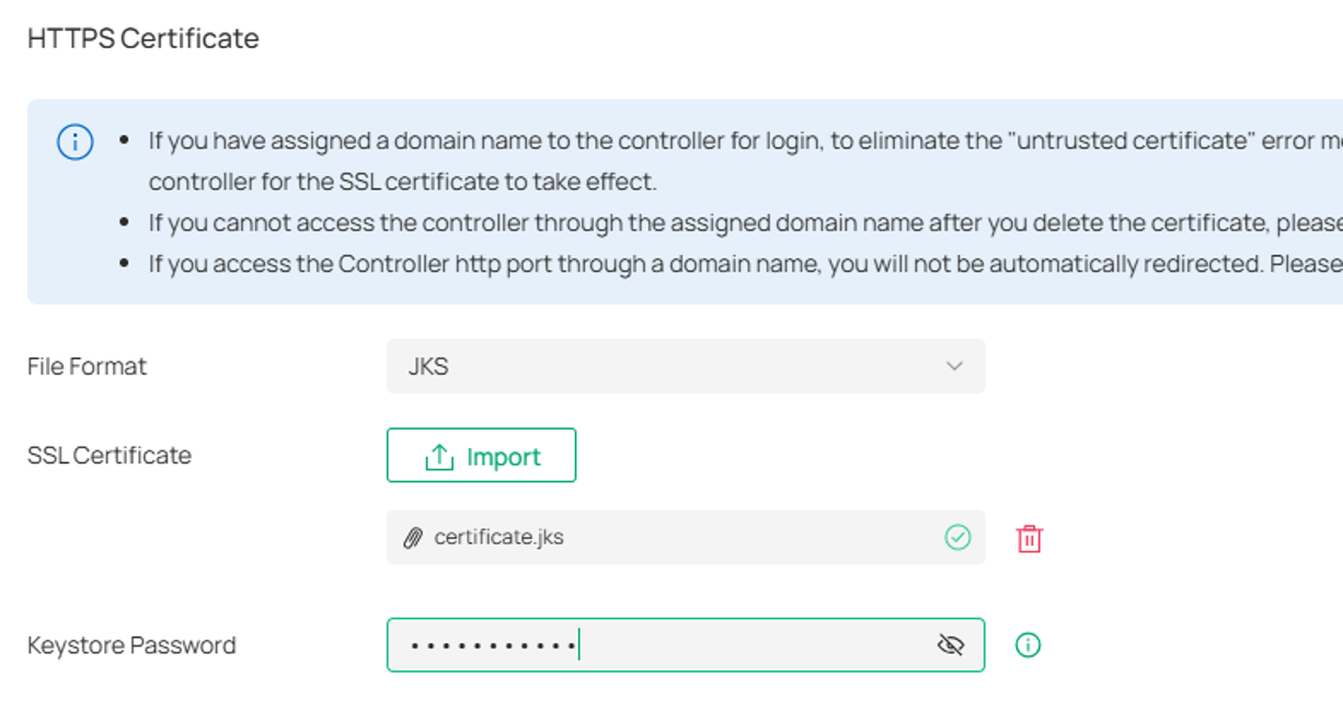 JKS certificate upload option selected in Omada Controller.