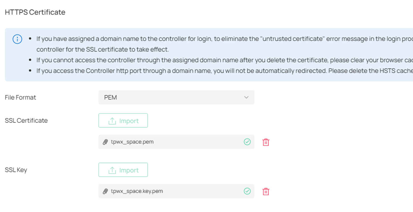 PEM certificate upload option selected in Omada Controller.