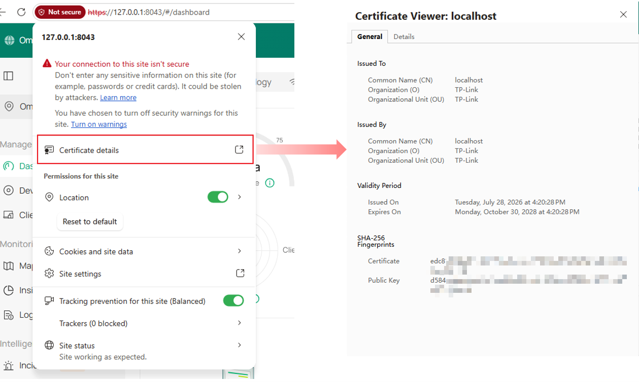 Viewing certificate details in a web browser to verify SSL certificate issuer, validity period, and fingerprint on an Omada device.