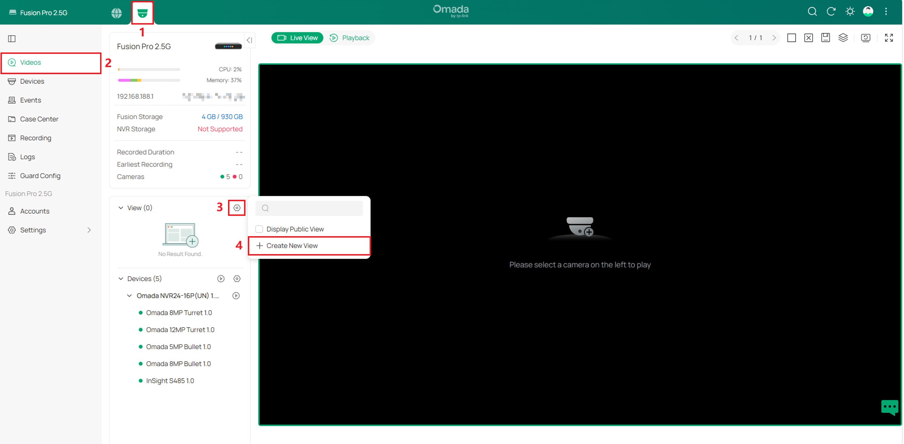Omada Guard Videos page showing the View settings menu and Create New View option.