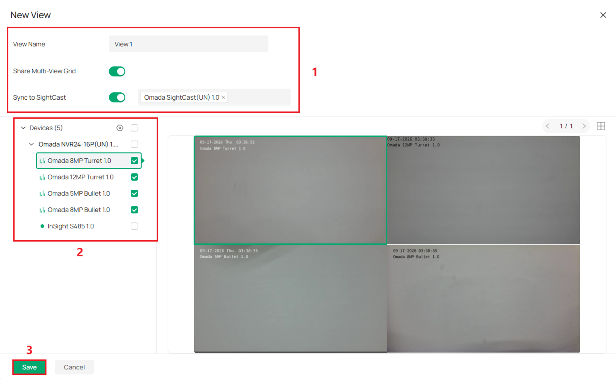 New View page showing View Name, Share Multi-View Grid, Sync to SightCast, camera selection, and Save.