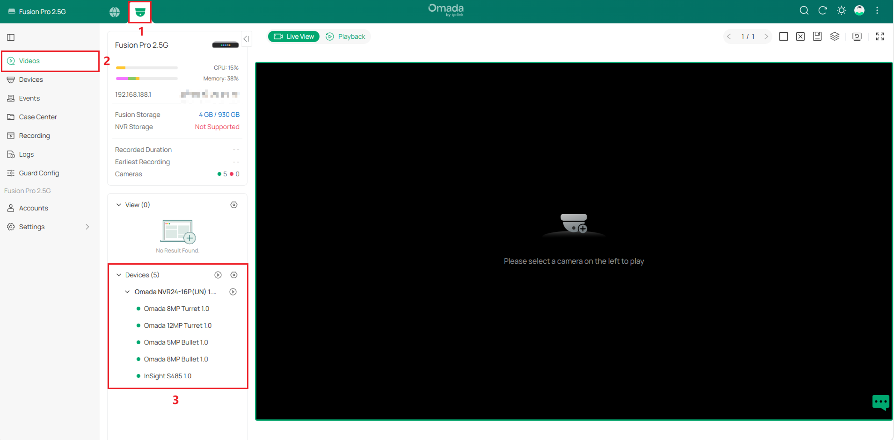 Omada Guard Videos page showing cameras selected in the Device section for a Live View layout.