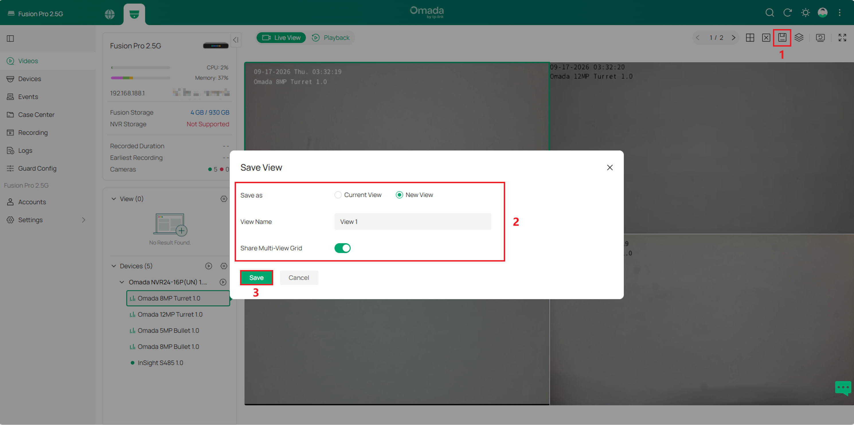 Save View dialog showing New View, View Name, Share Multi-View Grid, and Save options.