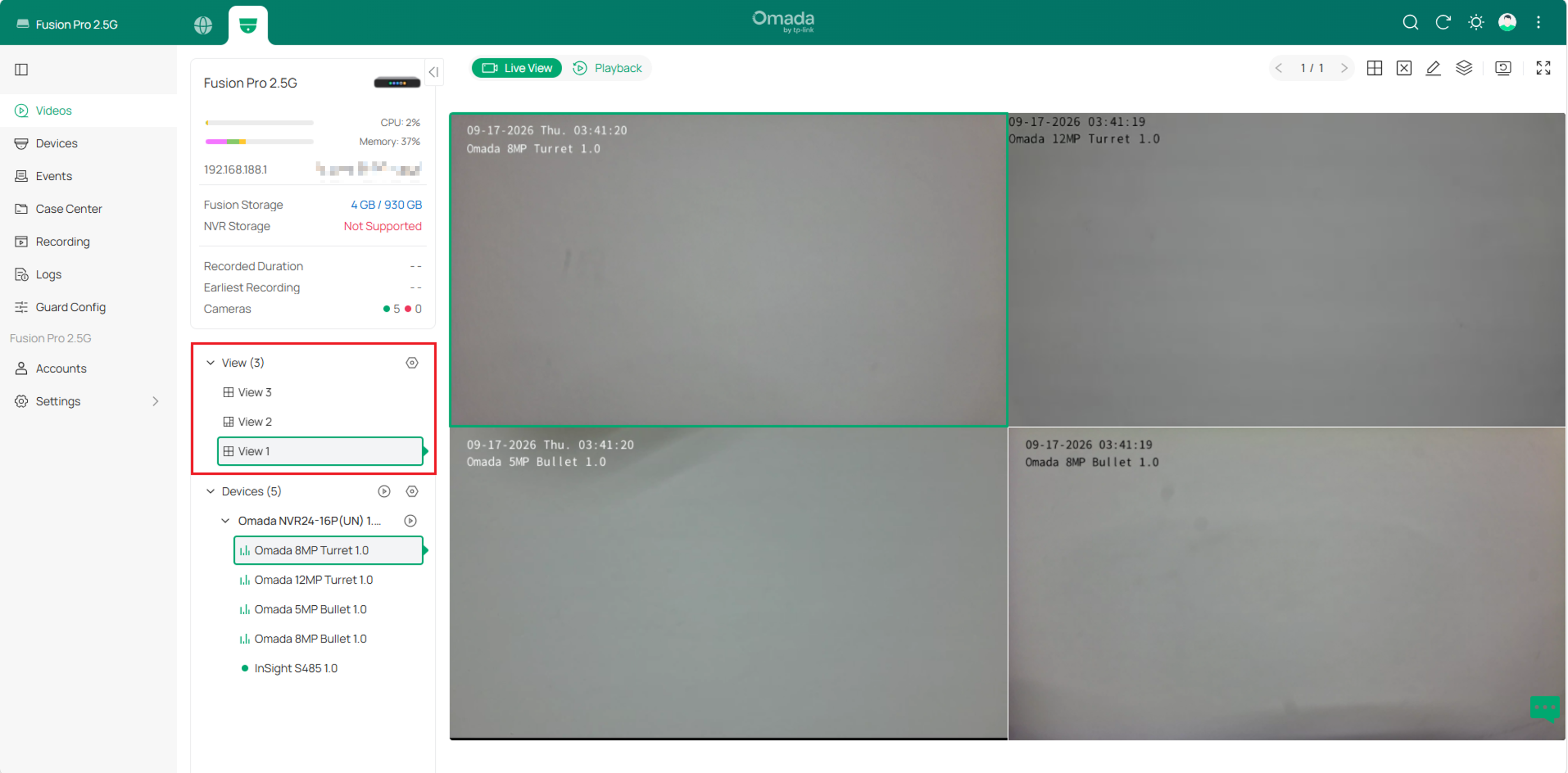 Omada Guard Videos page showing a saved view selected in the View section with a four-camera layout.