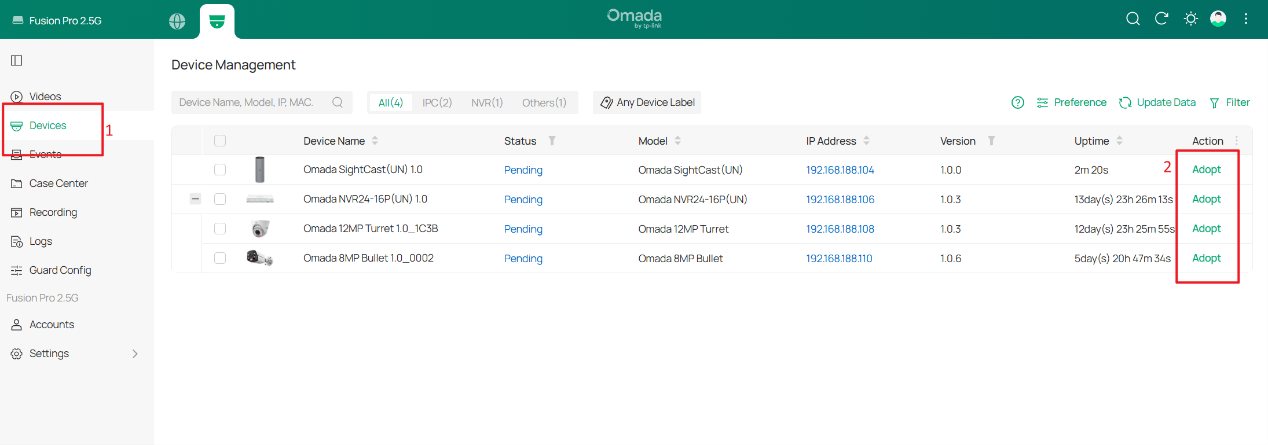 Navigate to Omada Guard, Devices to view discovered Omada IPC, Omada NVR, and Omada SightCast devices, then click Adopt to add the selected device to the Fusion Pro Gateway.