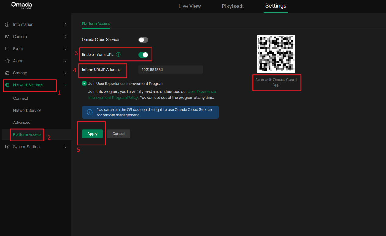 On an Omada security device, go to Network Settings, Platform Access, enable Inform URL, enter the Fusion Pro Gateway IP address, and click Apply. The QR code can also be scanned with the Omada Guard App for device adoption.