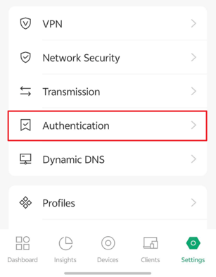 Omada App Settings page with Authentication highlighted under the security settings menu