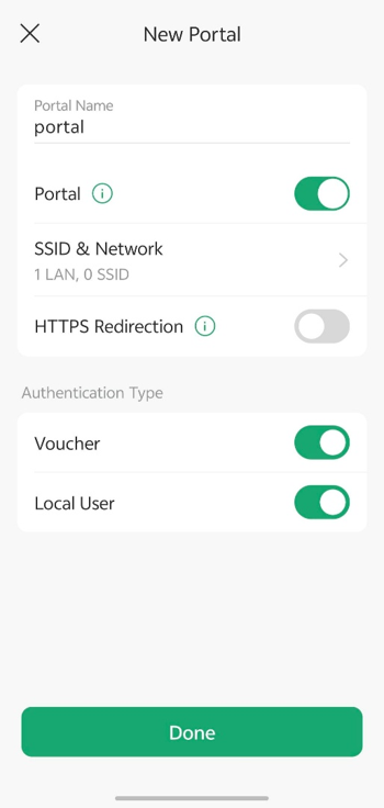 Configure the portal settings, including portal name, SSID & Network, and authentication type, then tap Done