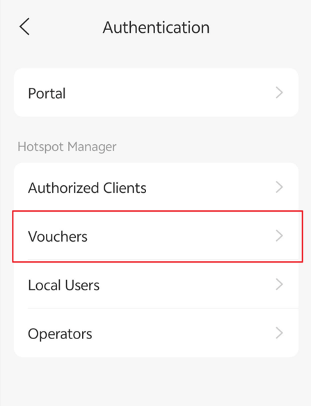 On the Authentication page, tap Vouchers to enter the voucher configuration
