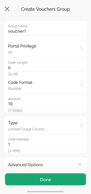 Example 1: Configure the voucher group settings, then tap Done to create the voucher group