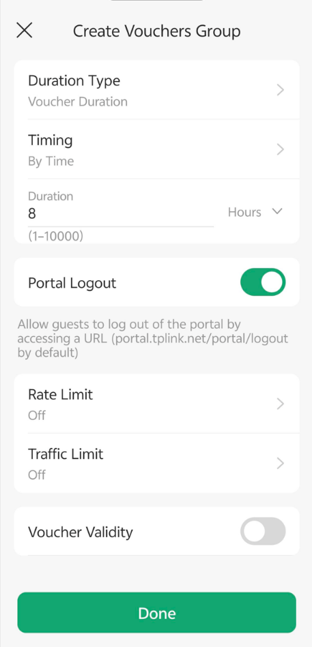 Example 2: Configure the voucher group settings, then tap Done to create the voucher group