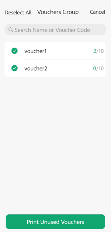 Select one or more voucher groups, then tap Print Unused Vouchers to print unused vouchers from the selected groups