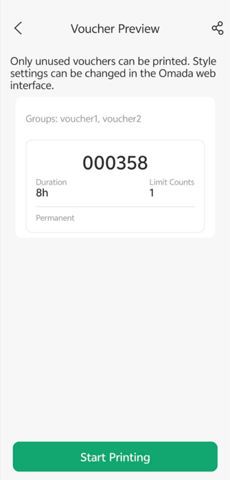 Review the voucher preview and tap Start Printing to print the vouchers