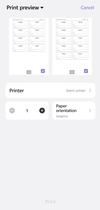 Print preview on Omada app