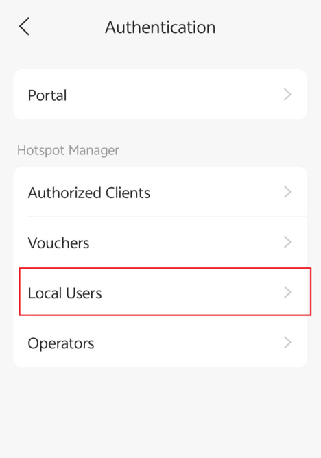 On the Authentication page, tap Local Users to enter the local user configuration page