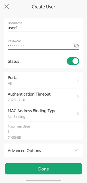 Configure the local user settings, then tap Done to create the local user
