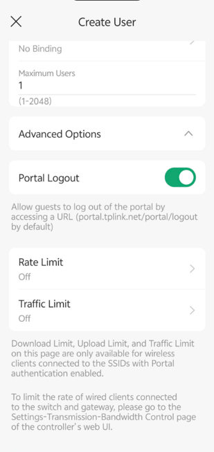 Create user page on Omada app