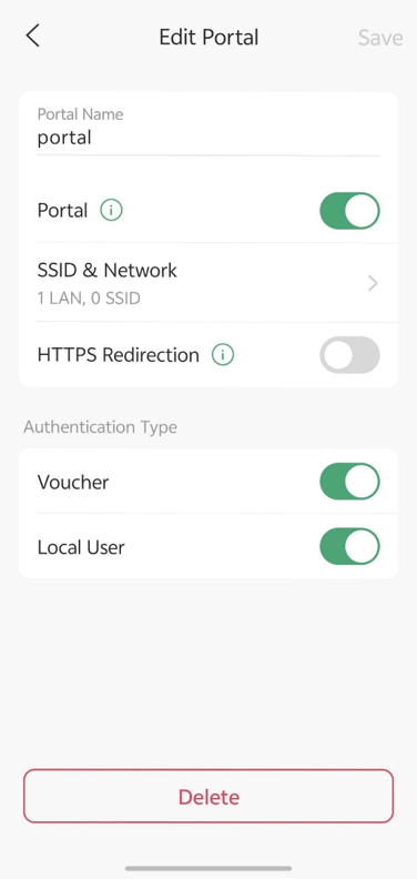 The portal details page displays the portal configuration, including SSID & Network settings and enabled authentication methods such as Voucher and Local User