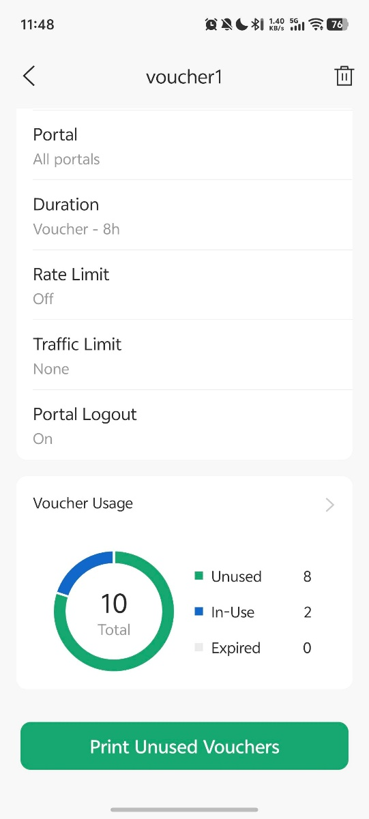 The voucher group details page shows voucher settings, usage statistics, and the option to print unused vouchers