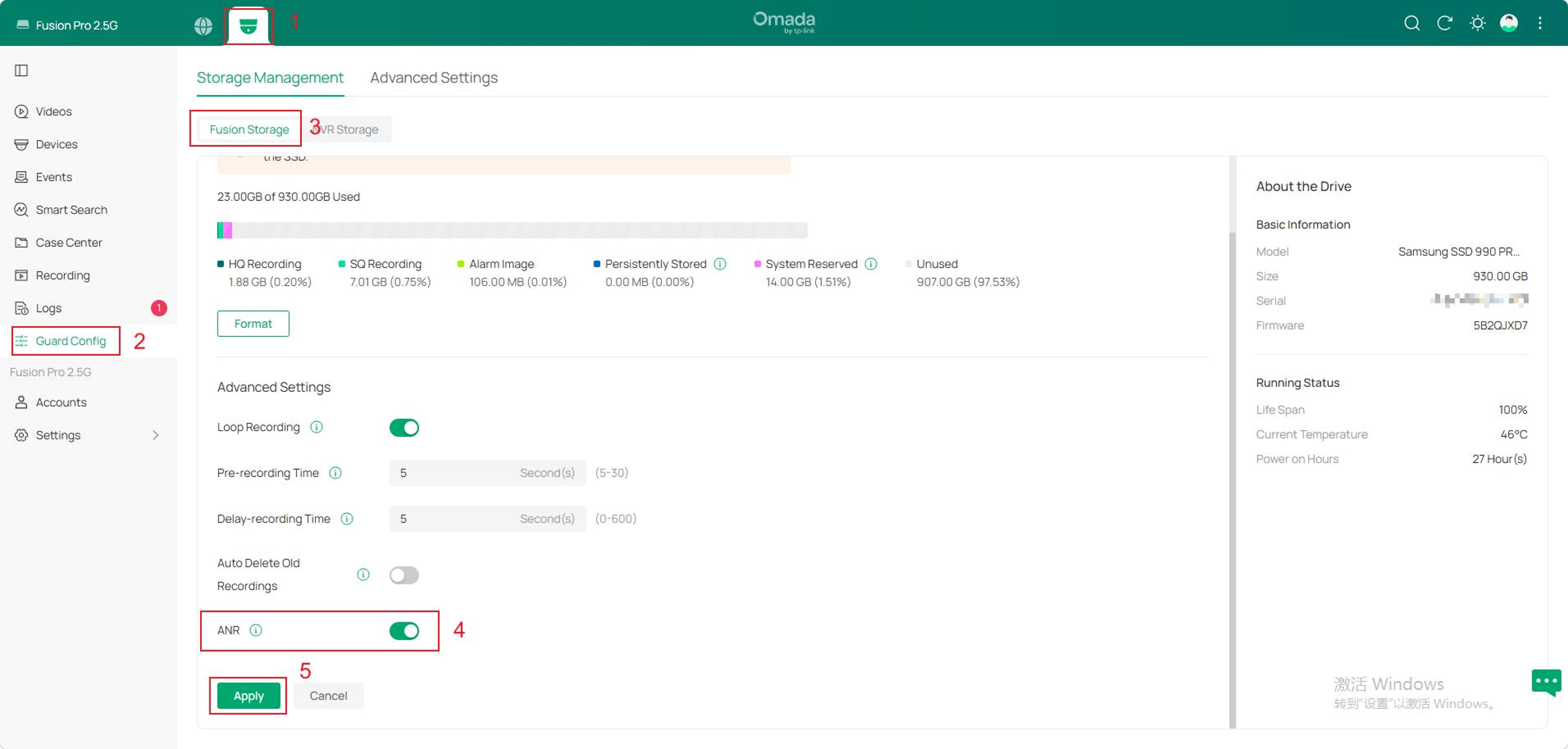 Storage Management page showing Fusion storage settings, including capacity and ANR fuction toggle switch