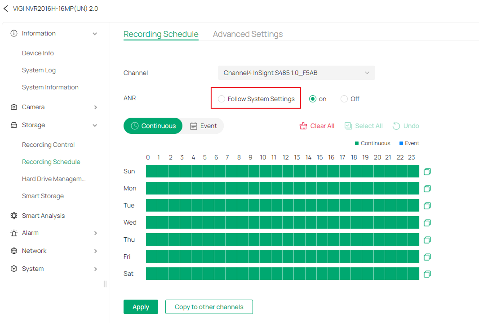 Recording Schedule Page of NVR showing ANR settings, including selection boxes of follow system settings, on and off