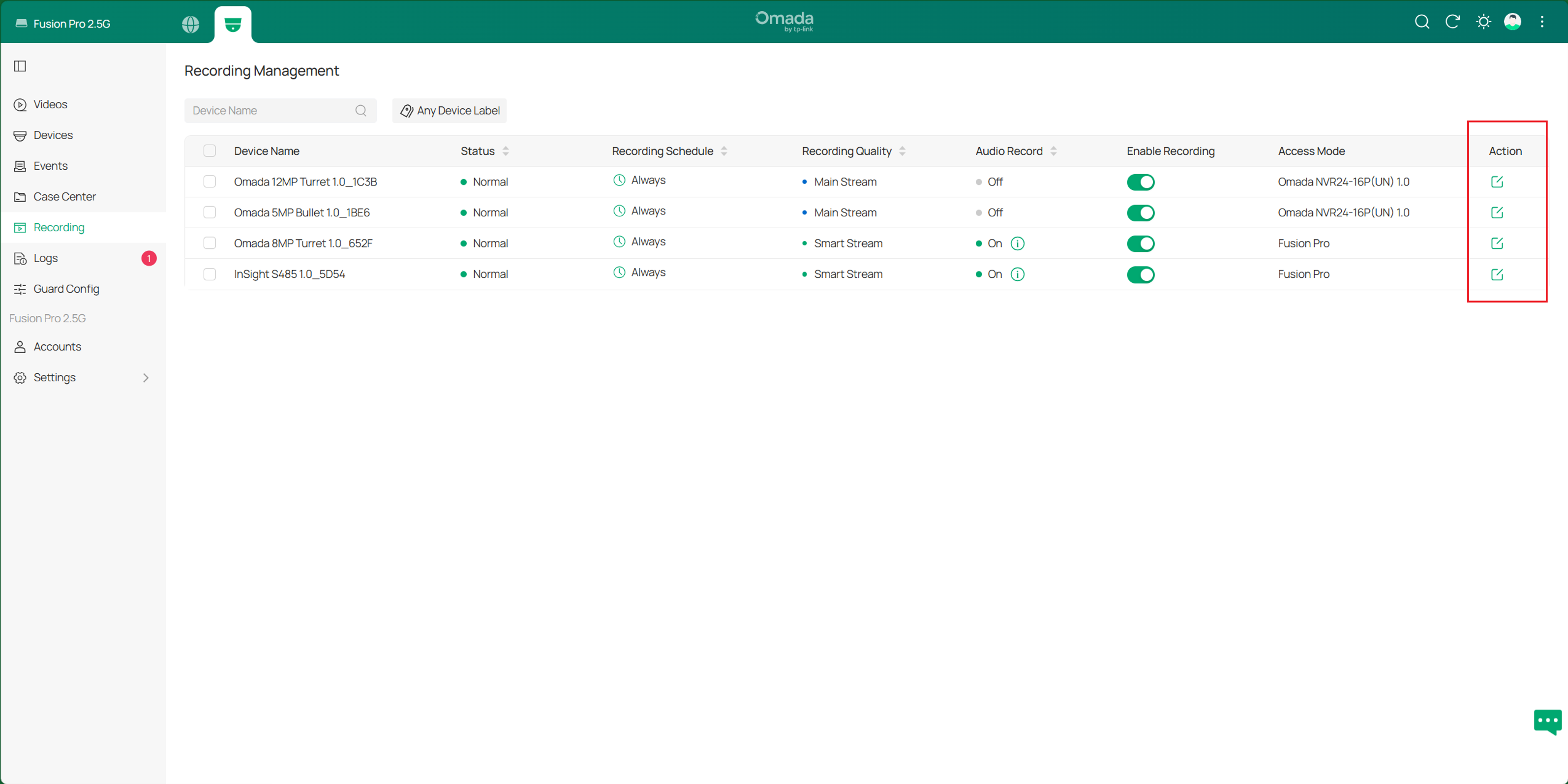 Recording page in Fusion Pro showing Action Button of each camera at the left side of page