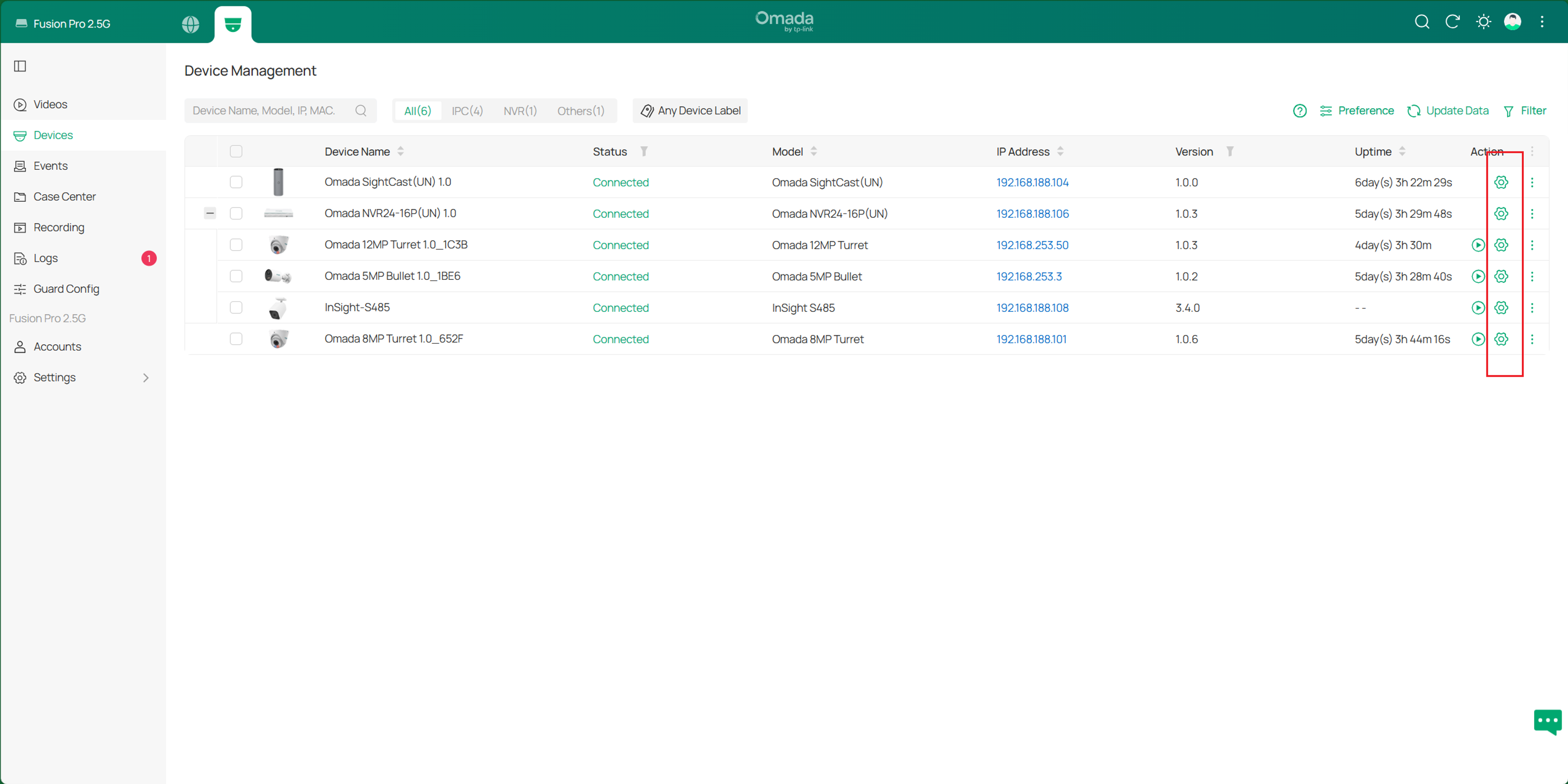 Device Management page in Fusion Pro showing Action Button of each camera at the left side of page