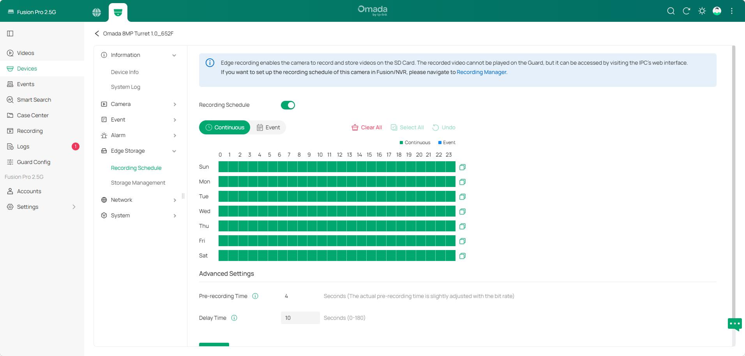 Edge Storage page in Device Management showing recording settings, including schedule set to Always