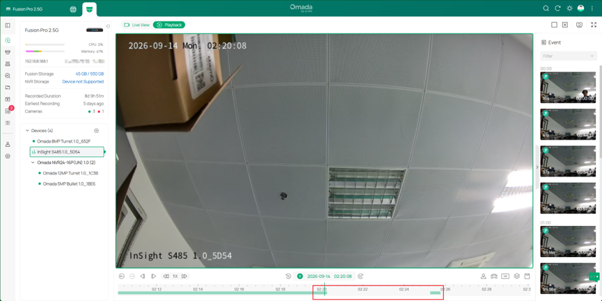 Fusion Pro recording page showing a 5 minutes gap in recording timeline