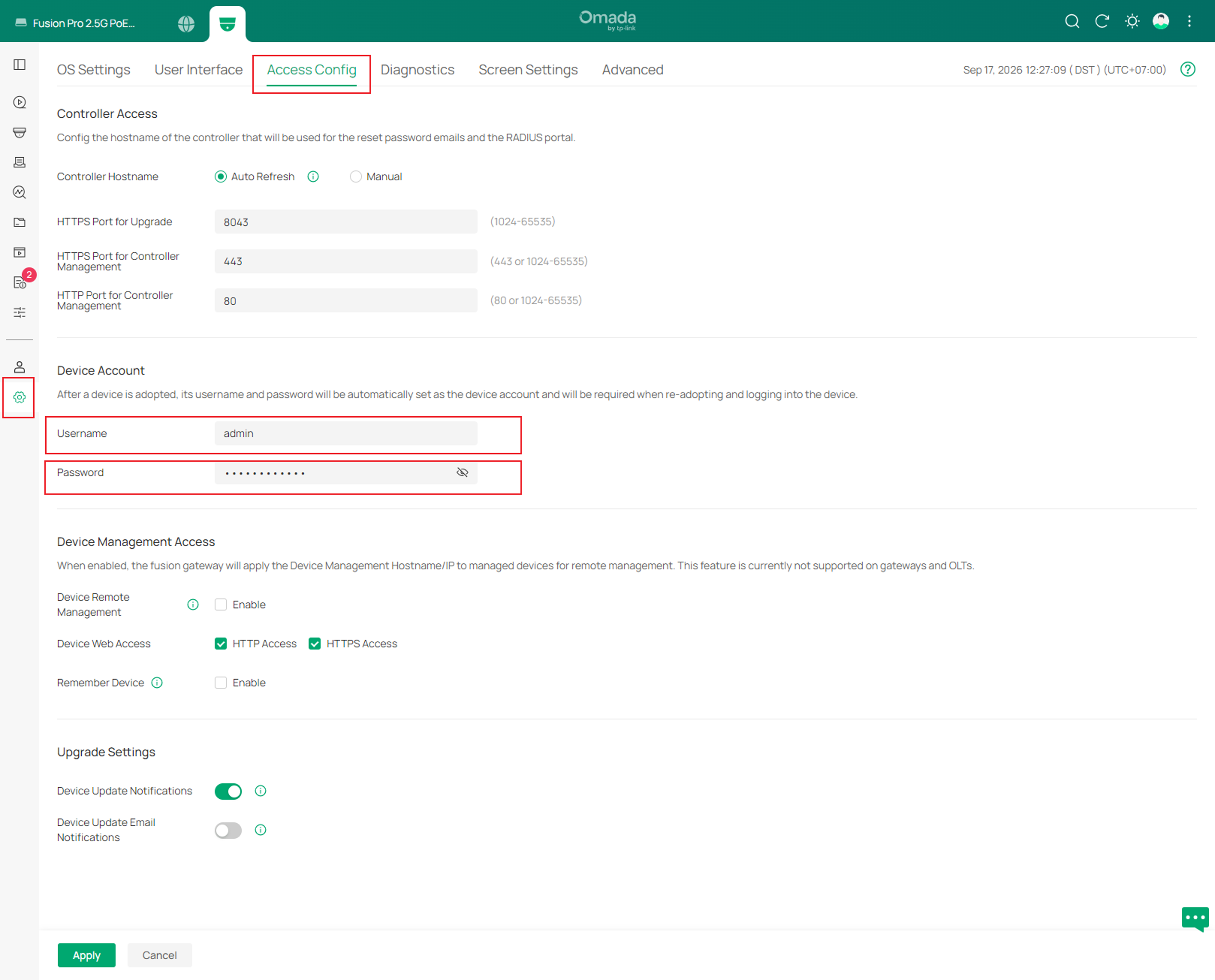 Device account info can be checked under Access Config page