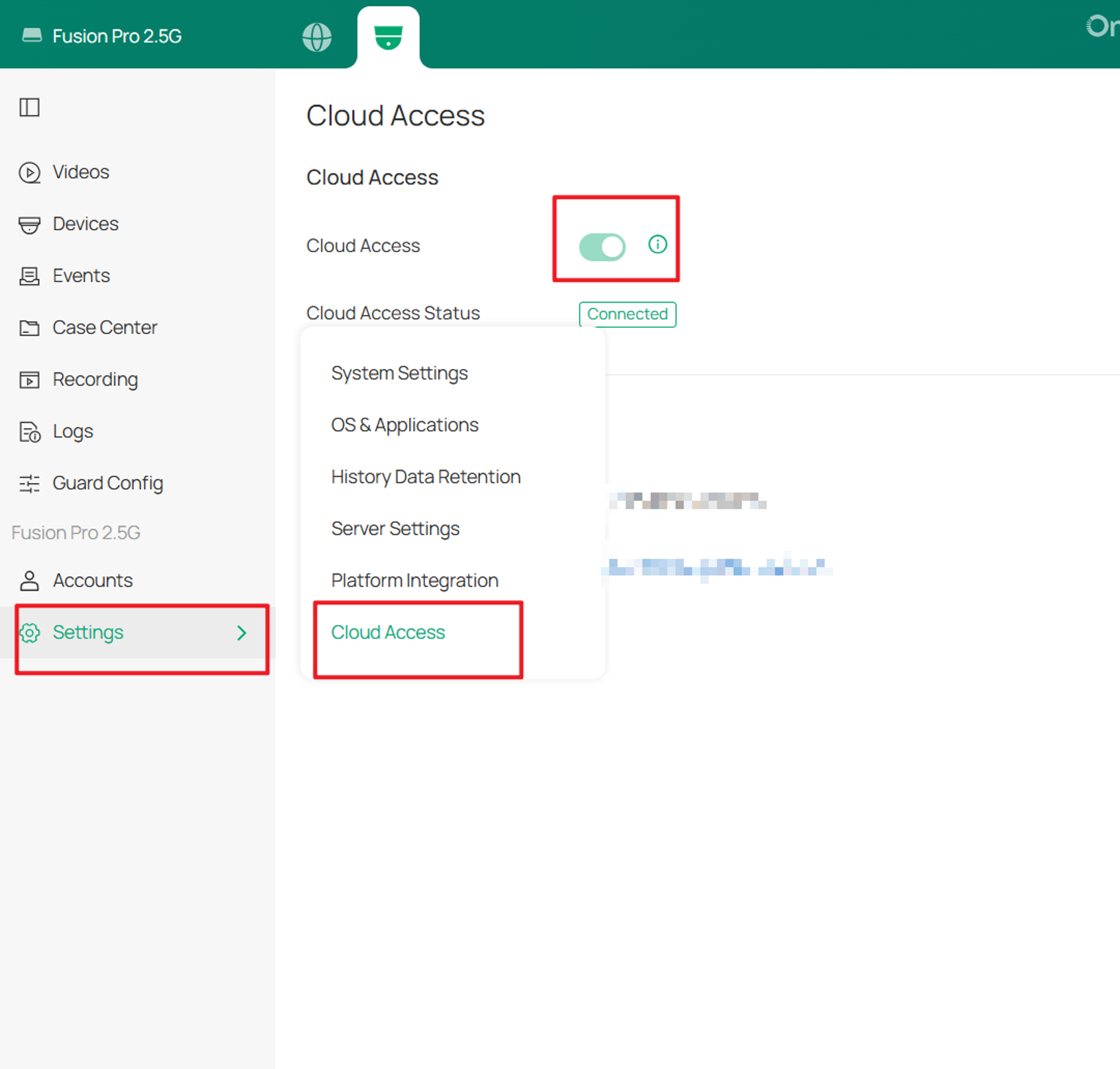 Navigate to Settings, Cloud Access on the Fusion Pro Gateway and enable Cloud Access to allow remote management and device onboarding through Omada Cloud.
