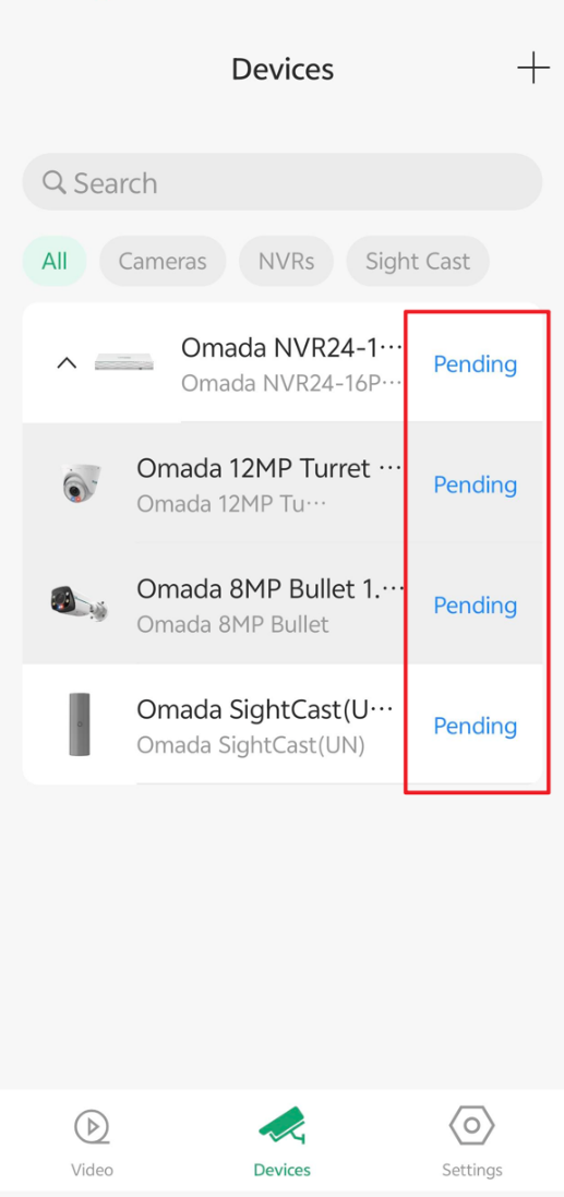 The Devices page displays discoverable Omada Security devices, including Omada IPCs, Omada NVRs, and Omada SightCast devices, all currently showing a Pending status before adoption.