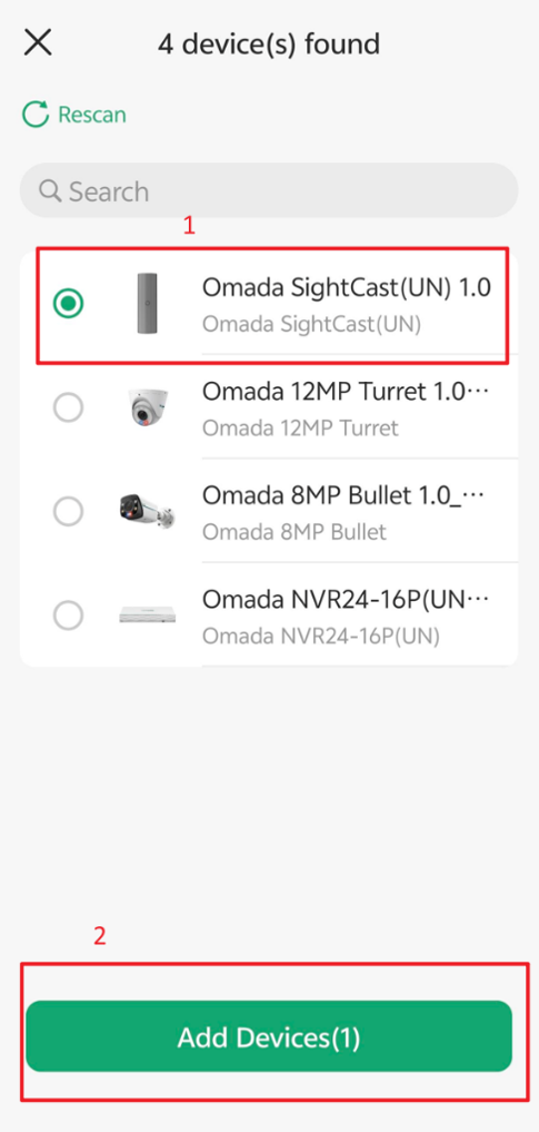 Select the desired device from the discovered device list and tap Add Devices to start the adoption process in the Omada Guard App.