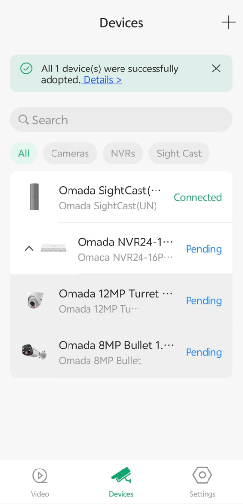 The Omada SightCast device has been successfully adopted and now displays a Connected status on the Devices page, indicating normal operation.