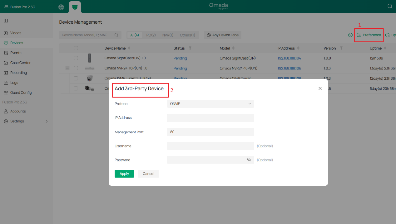 Click Preference and select Add 3rd-Party Device to manually add a third-party ONVIF device by entering its IP address, port, username, and password.