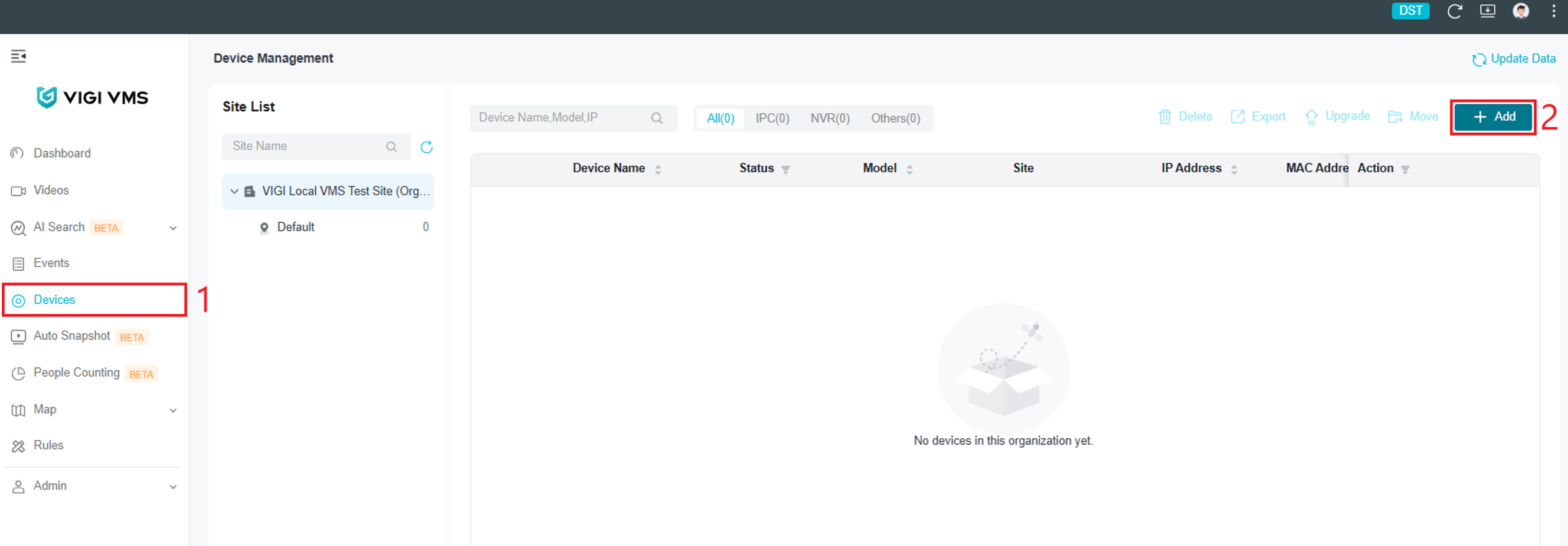 VIGI Local VMS Devices page showing the Add button before using Auto Add