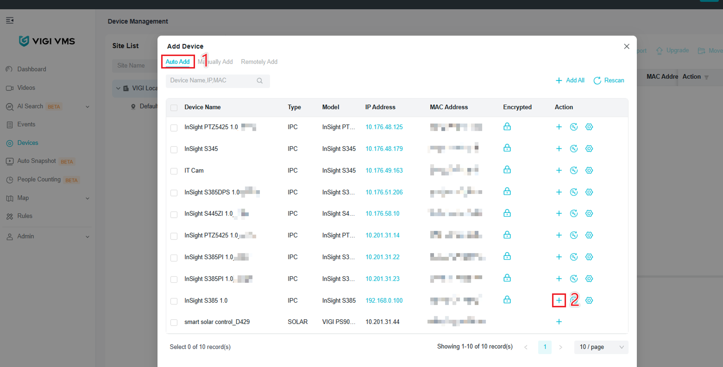 VIGI Local VMS Add Device window showing devices discovered with Auto Add