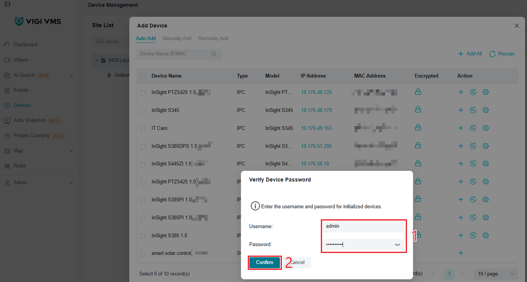 VIGI Local VMS Verify Device Password window for a device added using Auto Add