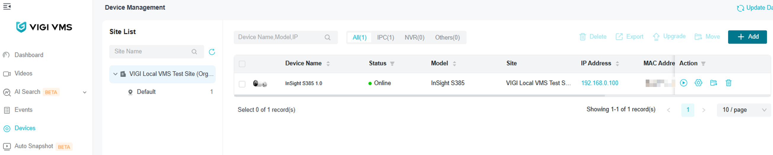 VIGI Local VMS Devices page showing the successfully added VIGI camera