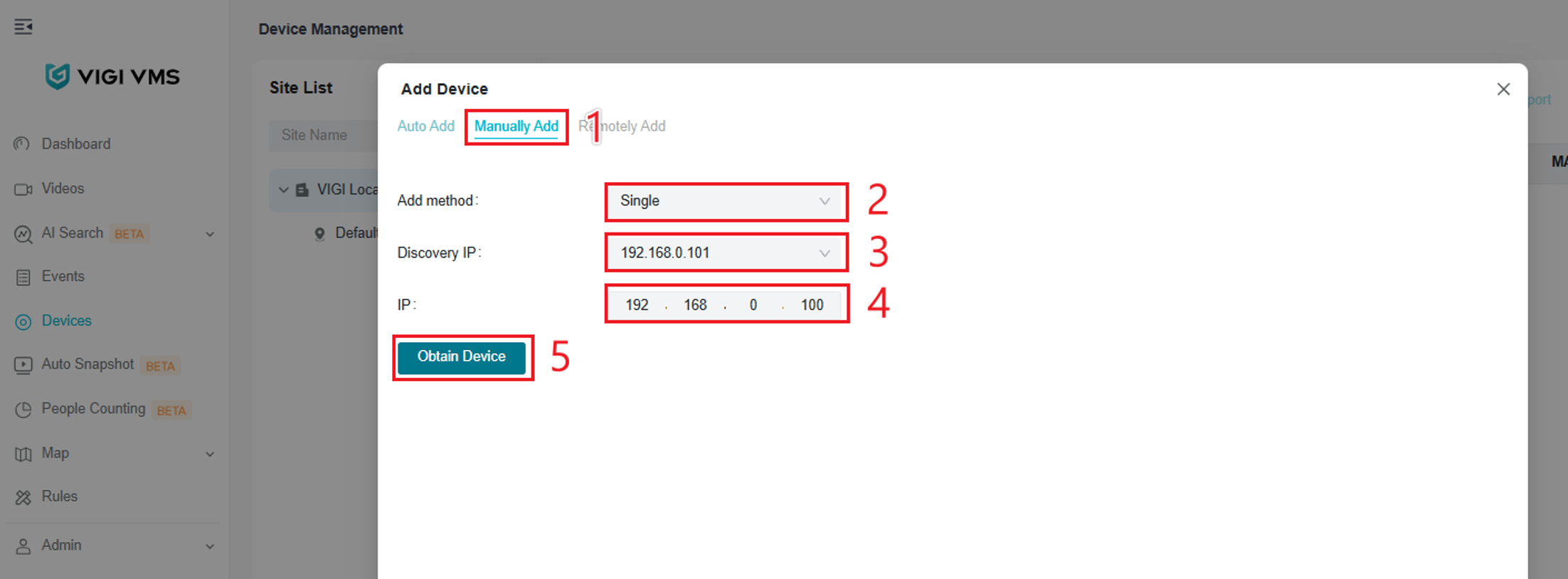 VIGI Local VMS Manually Add page showing Single, Discovery IP, IP, and Obtain Device options