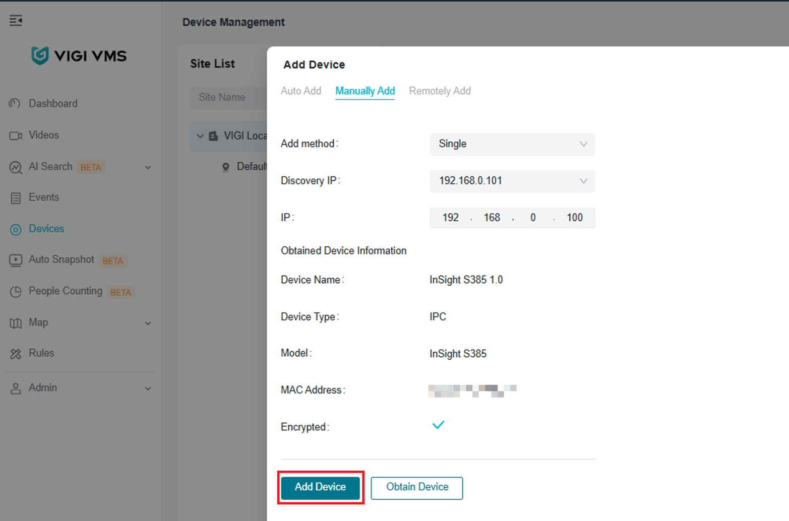 VIGI Local VMS Manually Add page showing the obtained device information and Add Device button