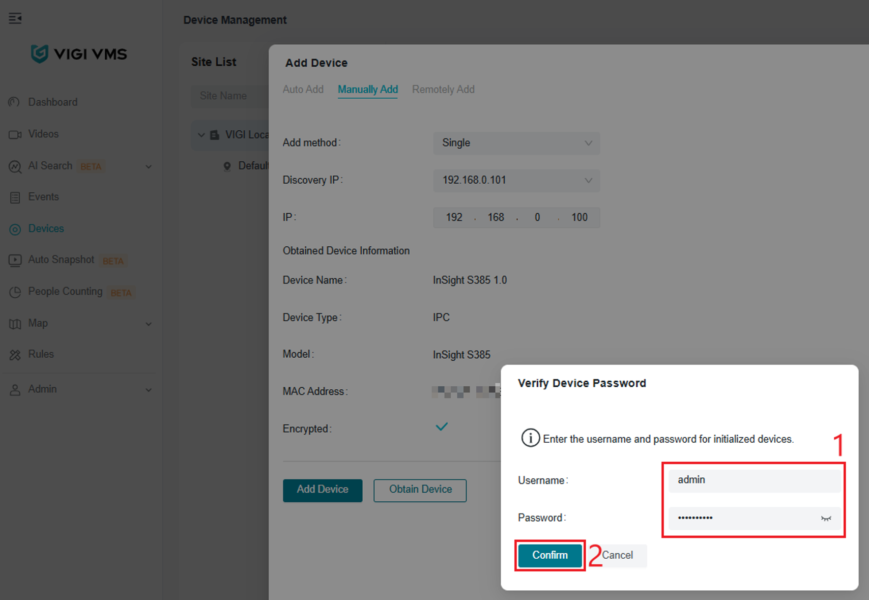 VIGI Local VMS Verify Device Password window for a device added using Manually Add