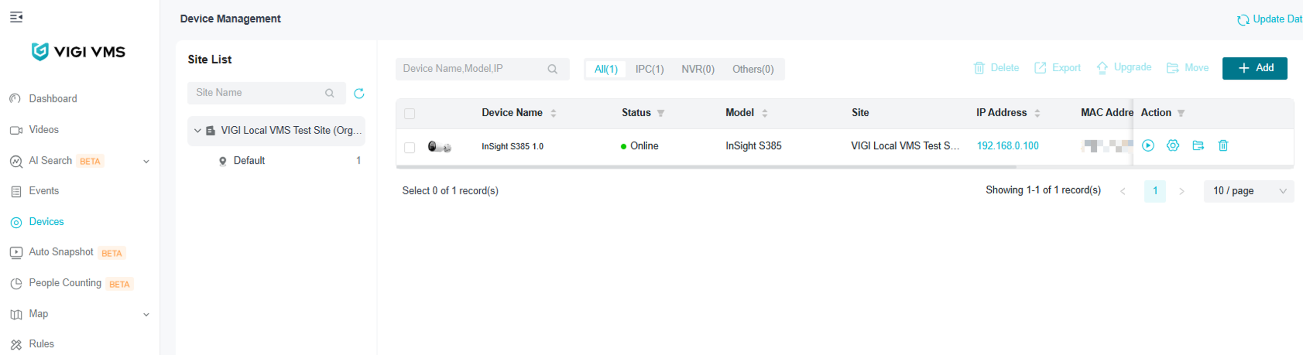 VIGI Local VMS Devices page showing the manually added VIGI camera