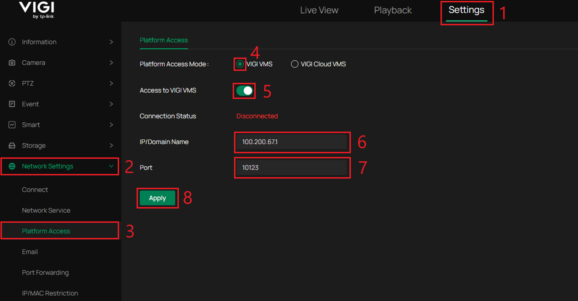 VIGI camera Platform Access page showing VIGI VMS enabled with the server address and port
